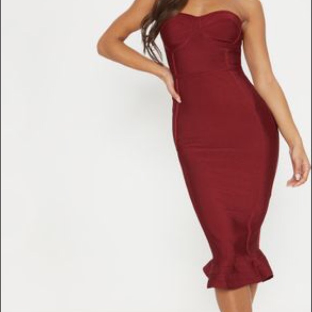 Dark Red Bandage Frill Hem Midi Dress